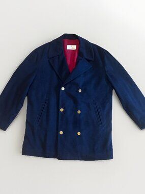 Davide Cenci Italy Navy Wool Peacoat Jacket Gold Crest Buttons Double Breasted
